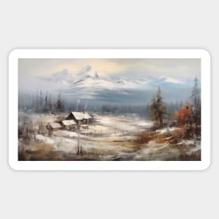 Painting of cozy cabins overlooking the mighty mountains for your Airbnb, hotel, motel or home Sticker